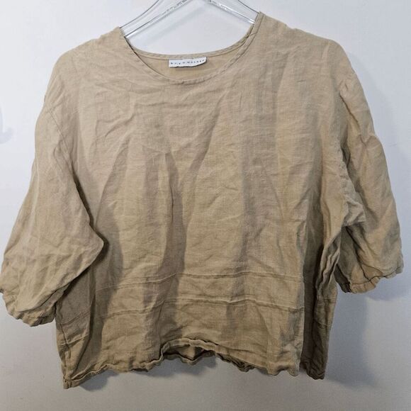 Bryn Walker 3/4 Sleeve 100% Linen Cropped Top Women's Tan Gold Size Medium - Picture 1 of 4